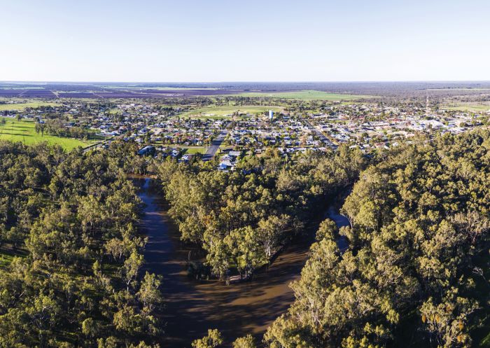 Aerial view of the Murrumbidgee River and Balranald town