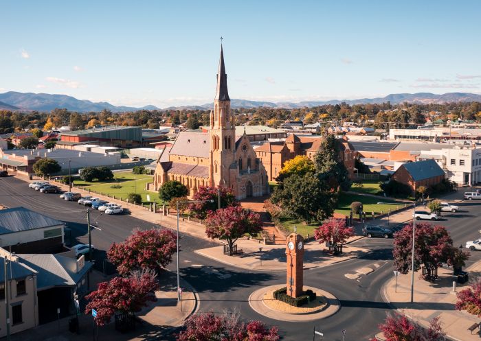 The Mudgee WWII Memorial Clock at the roundabout intersection of Church and Market Streets, Mudgee