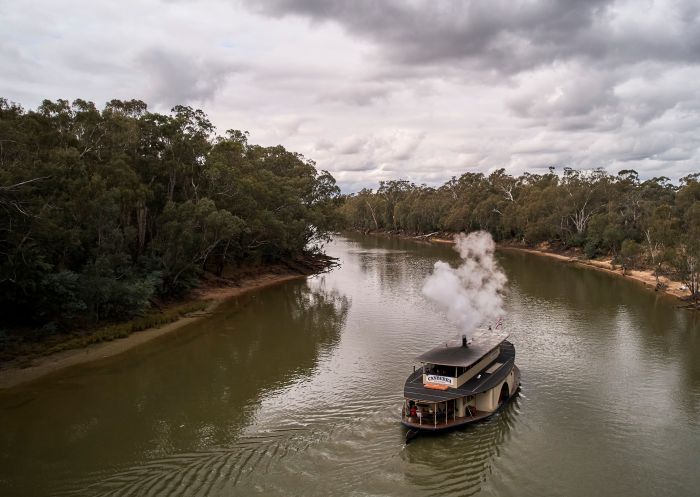 A paddle steamer makes its way down the Murray River, Echuca