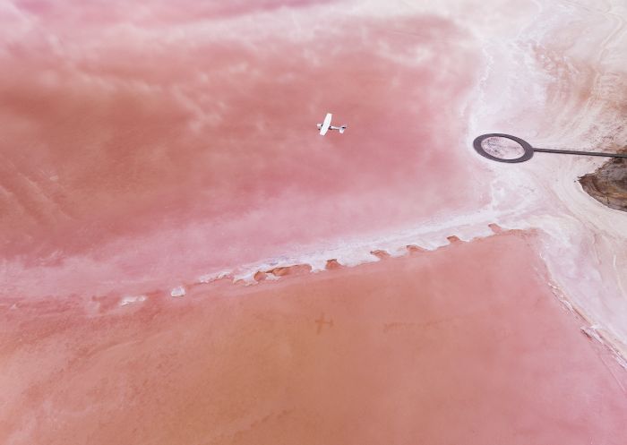 Aerial of Murray Darling Scenic Flights over one of the pink lakes (Lake Tyrrell)