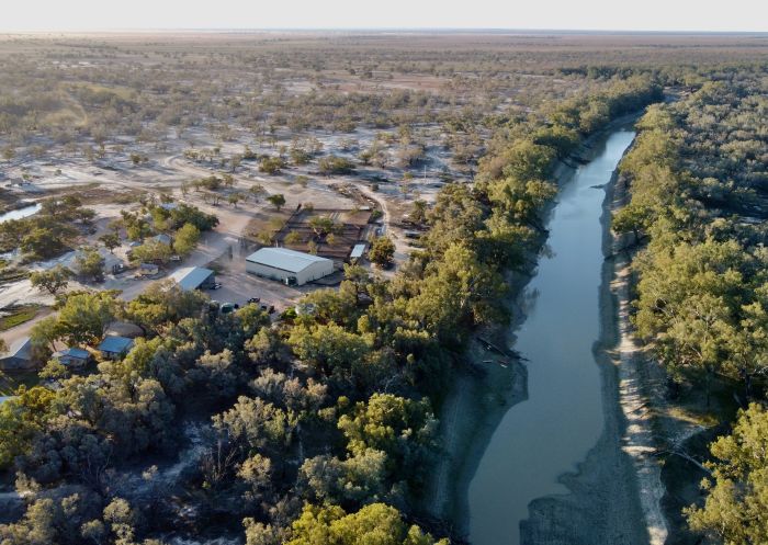 Aerial view of Trilby Station outback NSW campsite, Darling River
