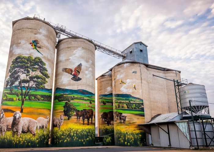 View of the painted mural on Grenfell Commodities Silos, Grenfell