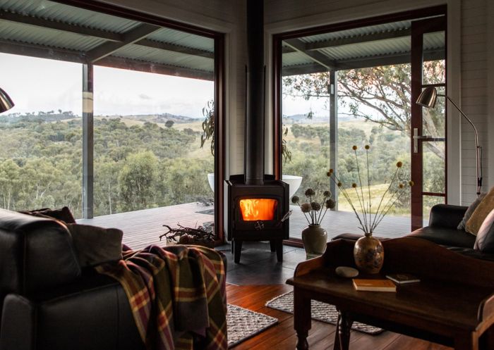 View of fireplace at Kestrel Nest Eco Hut, Mount Adrah