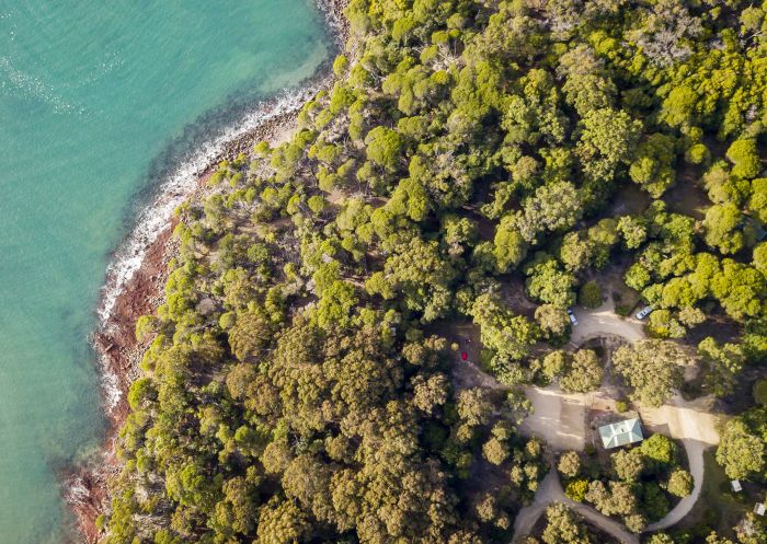 Aerial view of Bittangabee campground, Beowa National Park, formerly known as Ben Boyd National Park, Edrom