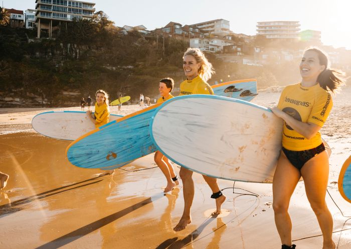 People learning to surf at Manly Surf School, Freshwater Beach