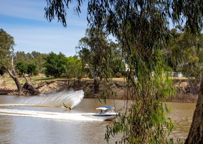 Waterskiing on the river at BIG4 Deniliquin Holiday Park, Deniliquin