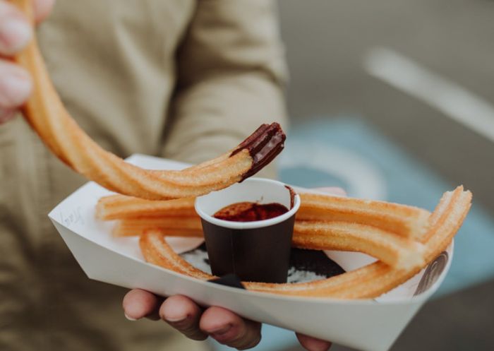 Plate of churros and chocolate at Maitland Aroma Coffee and Chocolate Festival, Maitland