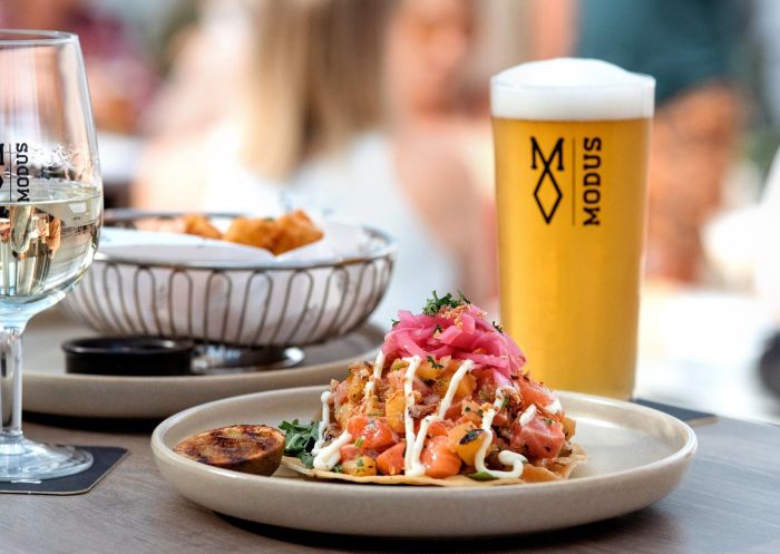  Salmon ceviche tostada and beer at Modus Merewether, Merewether