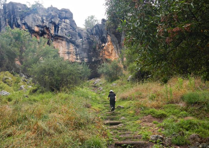 Woman hiking Arch Loop Track limestone caves area at Borenore Karst Conservation Reserve, South Eastern Highlands