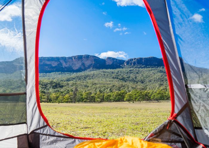 Scenic view from tent at Kedumba River Crossing campground, Blue Mountains National Park