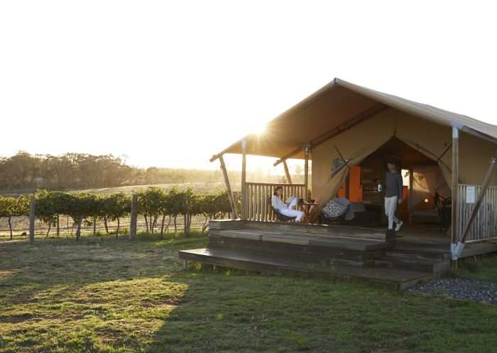 Couple enjoying a glamping experience at Nashdale Lane Wines in Nashdale, Country NSW