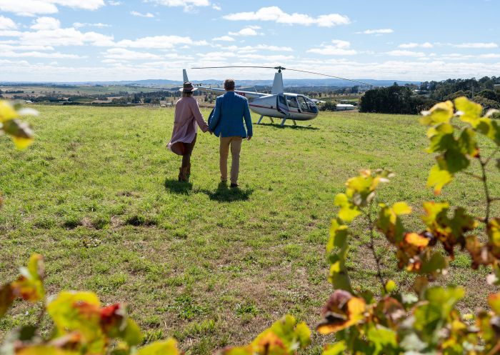 Couple on luxury helicopter winery tour at Printhie Wines Cellar Door, Orange