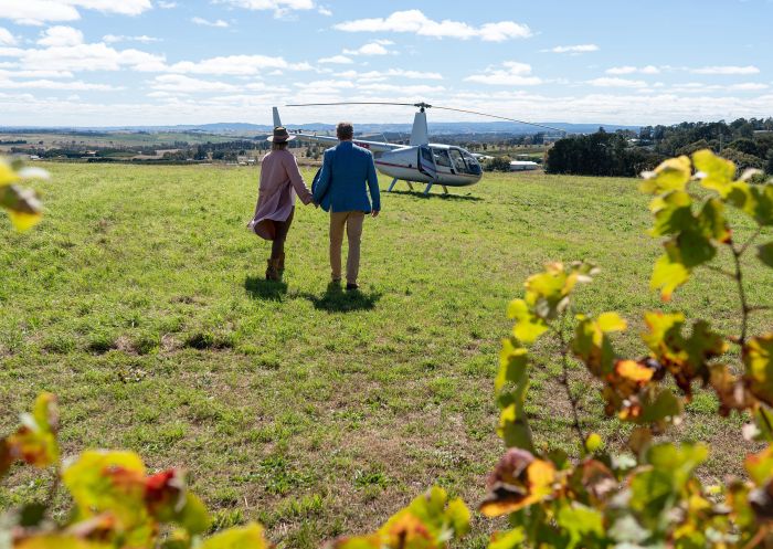 Couple on luxury helicopter winery tour at Printhie Wines Cellar Door, Orange