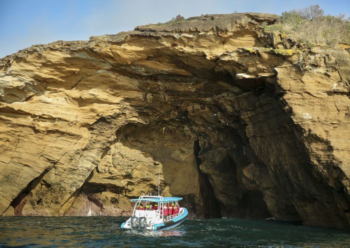 Boat outside a sea cave, CoastXP, Lake Macquarie, - Credit CoastXP