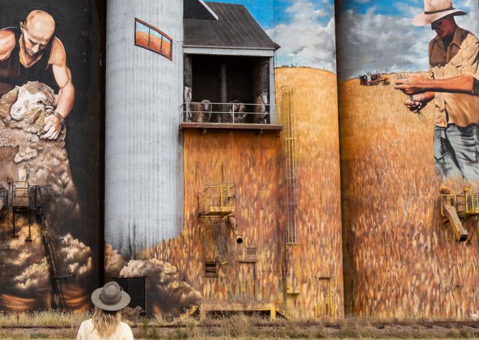 Woman looking at Weethalle Silo Art mural by artist Heesco, Weethalle