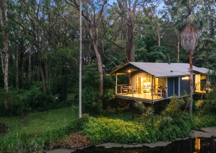 Set high off the ground with level rain forest walkway access at Diamond Waters Treehouse Retreat, Camden Haven River