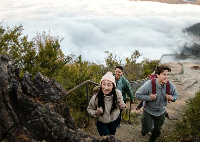 Friends on a hike at Olympian Rock Lookout, Blue Mountains National Park