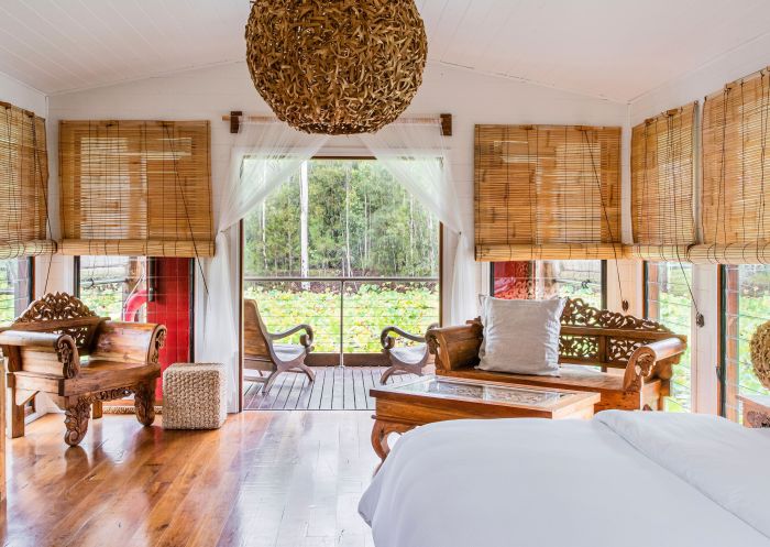 Bedroom in private boathouse accommodation suites, Leaves and Fishes, Lovedale, Hunter Valley