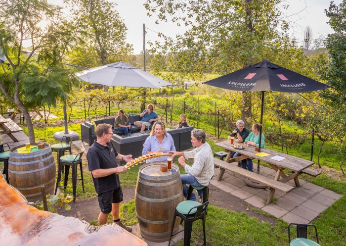 Friends enjoying tasting paddle, Longstocking Brewery, Pambula