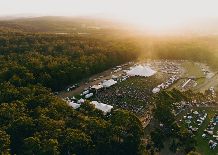 Aerial view of the festival tents with sunset, Wanderer Festival, Pambula
