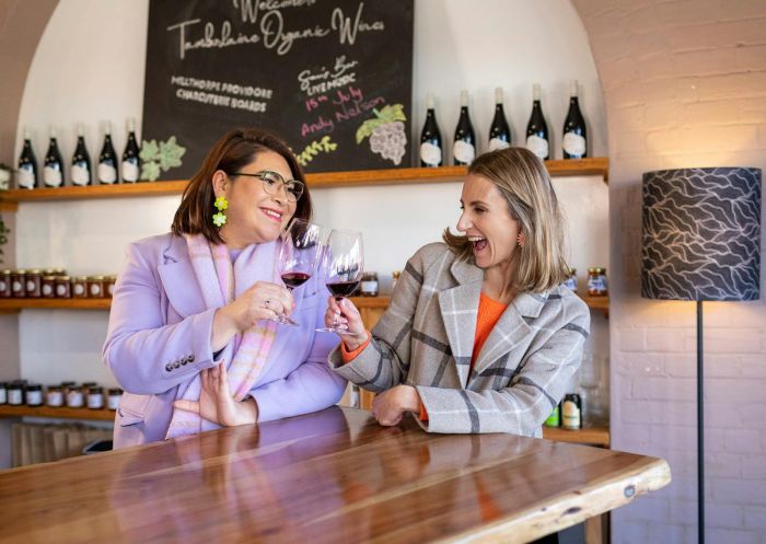 Two women doing a wine tasing in bright outfits, Tamburlaine Organic Wines Millthorpe Cellar Door, Millthorpe - Credit: Tamburlaine Organic Wines