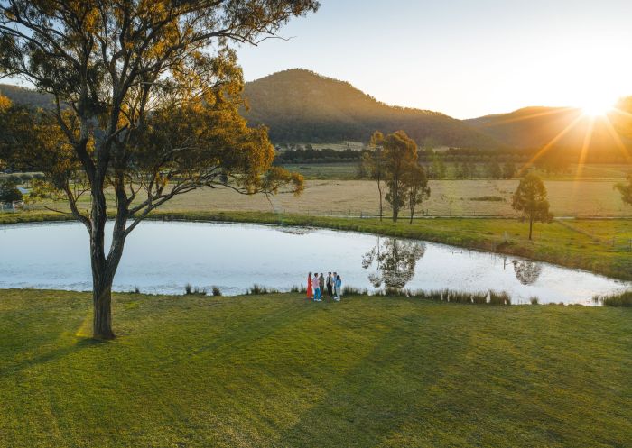 Visitors enjoying the views by the lake, Krinklewood Winery, Broke