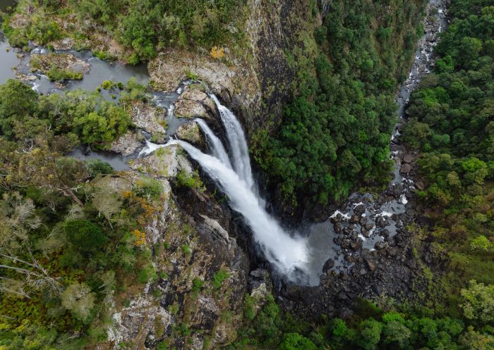Aerial view close up of falls the largest single drop in NSW, Ellenborough Falls, Elands
