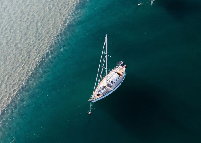 Aerial view two saiboats, Wallis Lake, Tuncurry