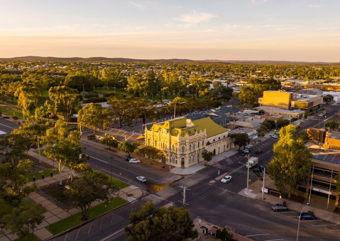 Aerial view with sunlight streets, Broken Hill Trades Hall, Broken Hill