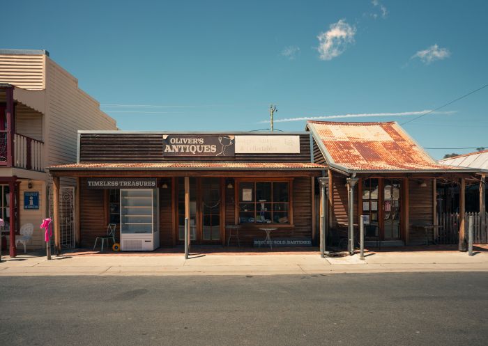 Olivers Antiques shopfront on a country town street, Sofala