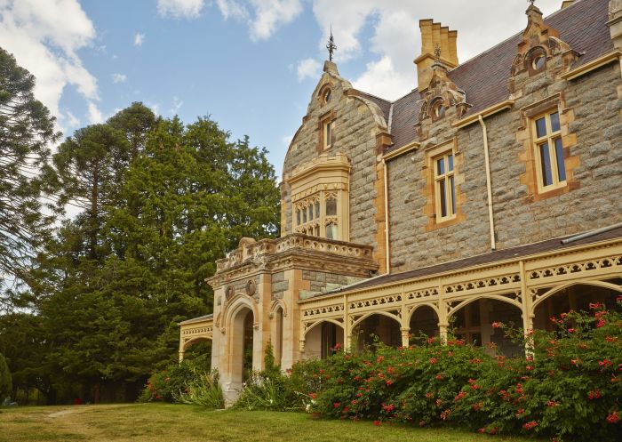 Front facade of a Victorian tudor-style heritage mansion known as Abercrombie House, Bathurst