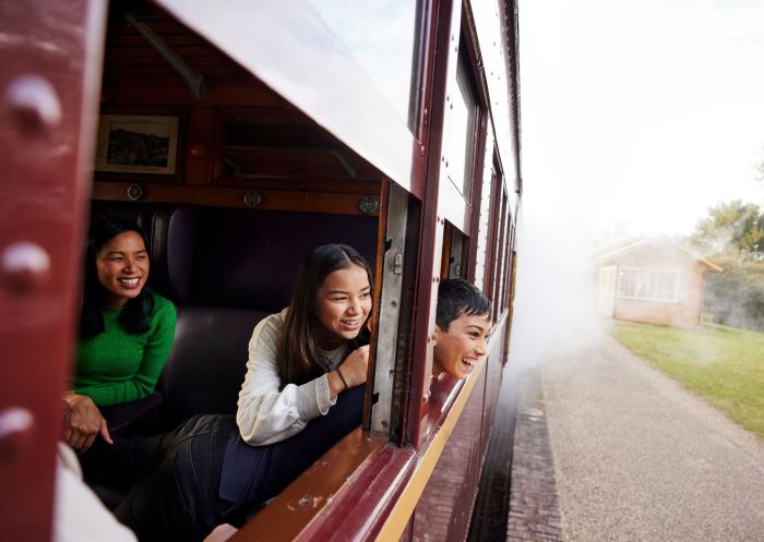 Family enjoying a ride on a steam train, NSW Rail Museum, Thirlmere