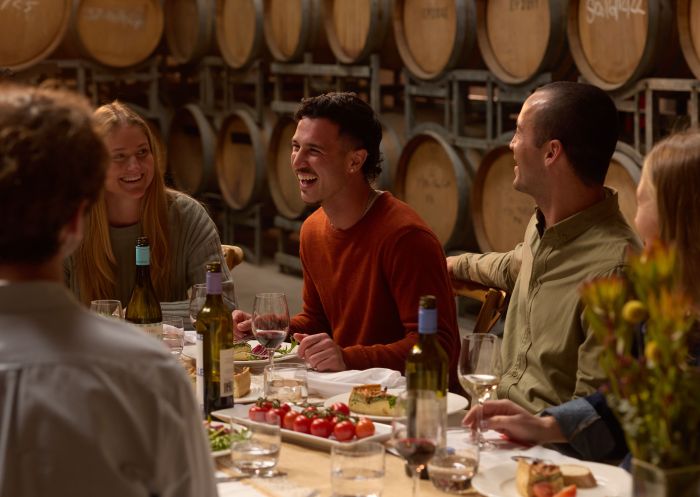Friends enjoying a dining and wine experience at Ross Hill Winery, Orange