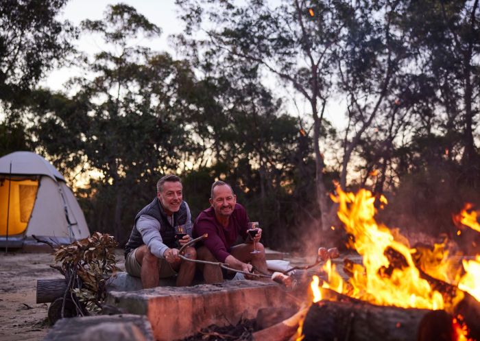 Couple enjoying a Wild Sleep Out camping experience, Walkabout Wildlife Sanctuary, Calga