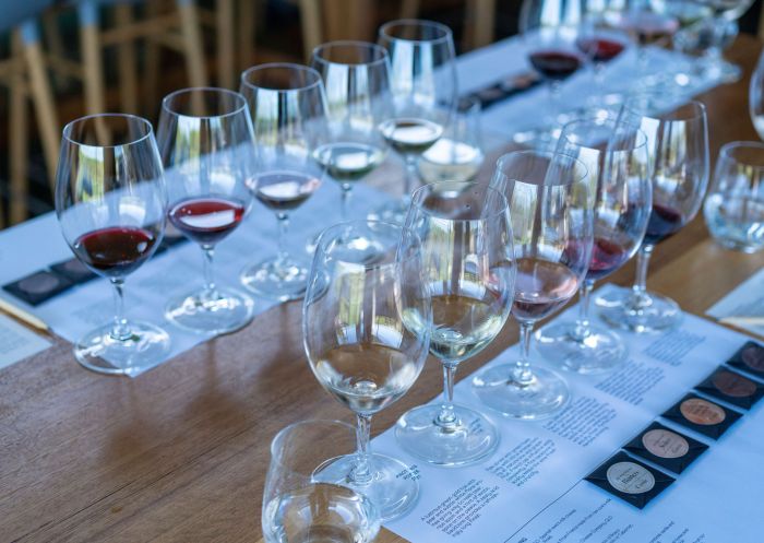 A string of wine glasses on a table ready for a tasting at Rowlee Wines & Guesthouse, Orange