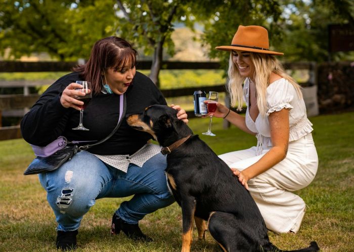 Ladies patting dog with wine in hand at Swagman Homestead at Stockman's Ridge Wines, Lidster - Credit: Stockman's Ridge Wines