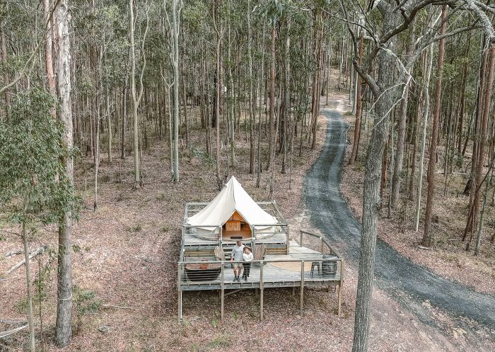 Aerial shot of tent, Into The Wild Escapes - Kookaburra Ridge, Wyee - Credit: Danielle Nieuwendyk Photography