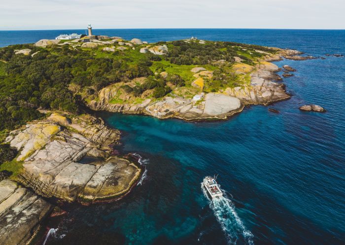 Aerial view of the Narooma Charters Montague Island Tour approaching the island