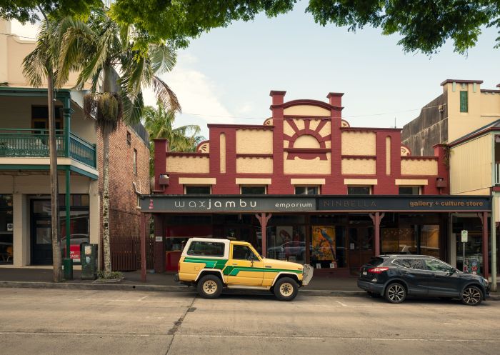 Old car in front of shops, Streetscape, Bangalow