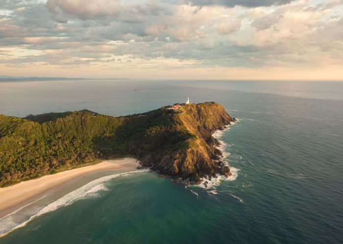 Aerial view at sunrise, Cape Byron Headland and Lighthouse, Byron Bay