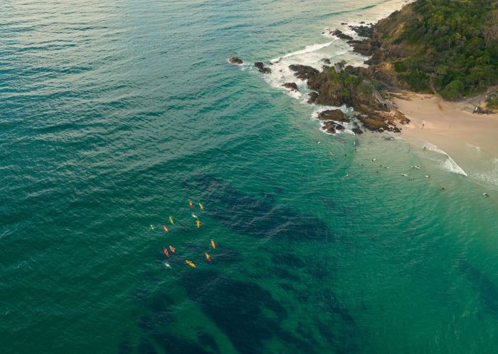 Aerial of kayakers, The Pass, Byron Bay