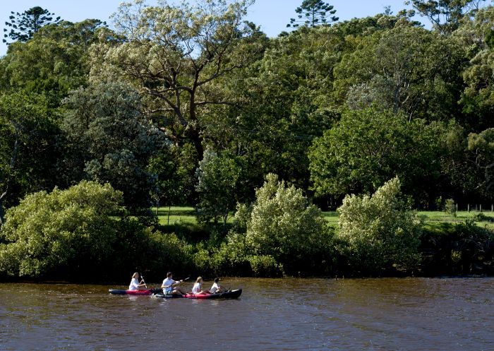 Friends enjoying a kayak, Lake Ainsworth, Lennox Head