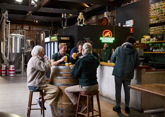 Friends having a beer at a table, Mountain Culture Brewery - Katoomba, Katoomba