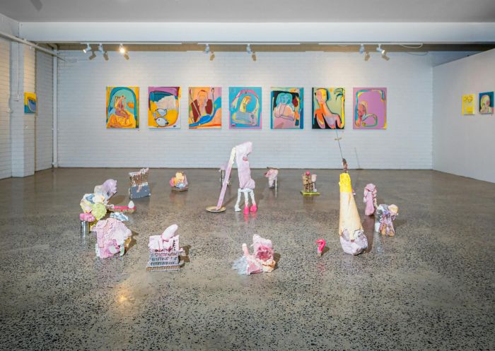 Exhibition at Elevator Ari with cololurful art and statues, Elevator ARI, Lismore - Credit: Lismore City Council