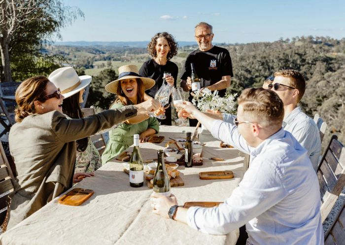 Group toasting glasses of wine at Macquariedale Organic Wines with the owners at Pinnacle Path, Orange - Credit: Book Regional