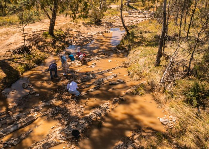 Overhead shot of a group panning in the bush with Jhob's Gold Panning Tours, Hill End - Credit: Bathurst Visitor Information Centre