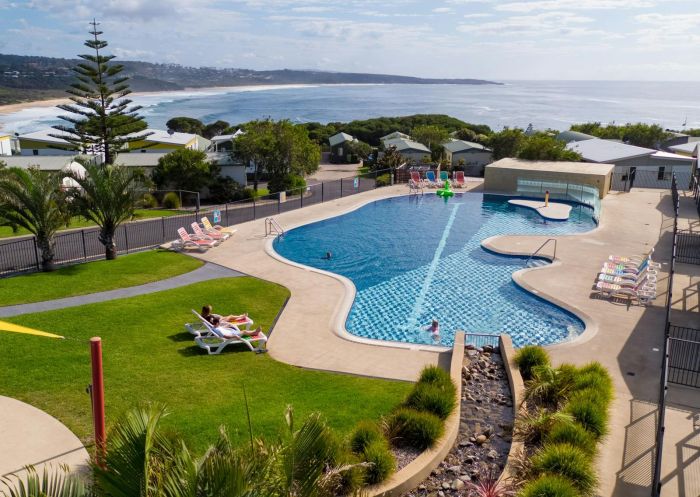 Pool area aerial view, NRMA Merimbula Beach Holiday Resort, Merimbula -  Credit: NRMA Merimbula Beach Holiday Resort