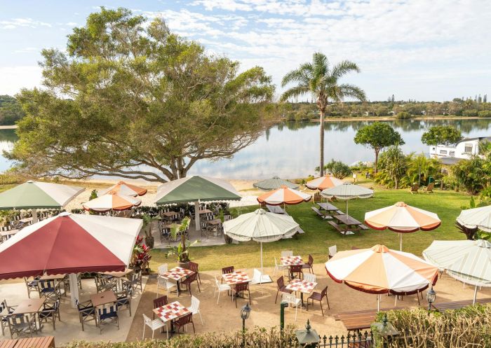 Aerial shot of outdoor dining on the bay, Shaws Bay Hotel, East Ballina - Credit: Parras Hospitality PTY LTD
