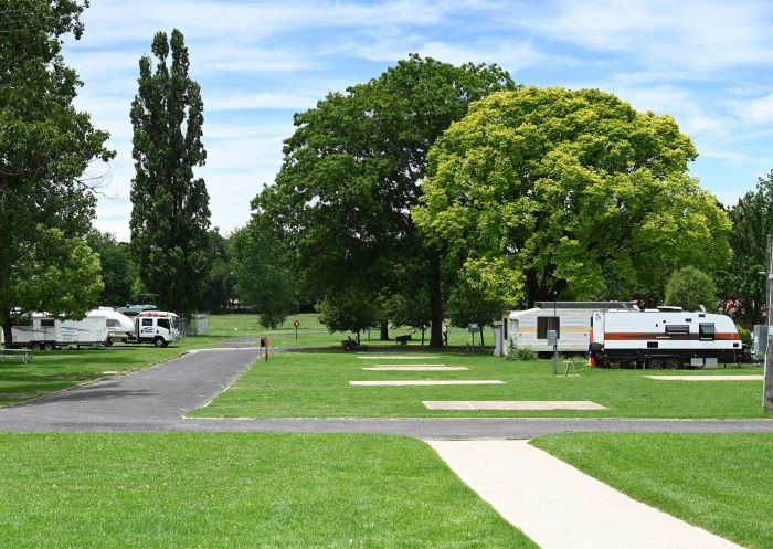 Lush green grass and trees in caravan park area at Colour City Caravan Park, Orange - Credit: Orange City Council