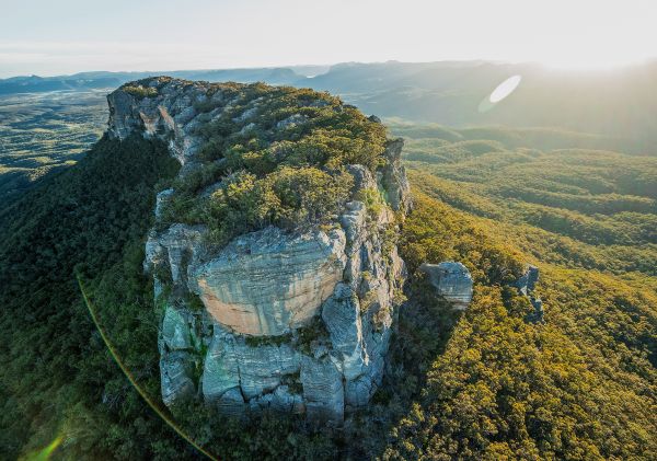 Aerial view with sunflare, Capertee Valley - Gardens of Stone National Park